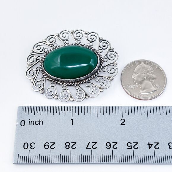 Green Onyx Filigree Brooch Pin | Vintage Sterling Silver 925 - Picture 7 of 7